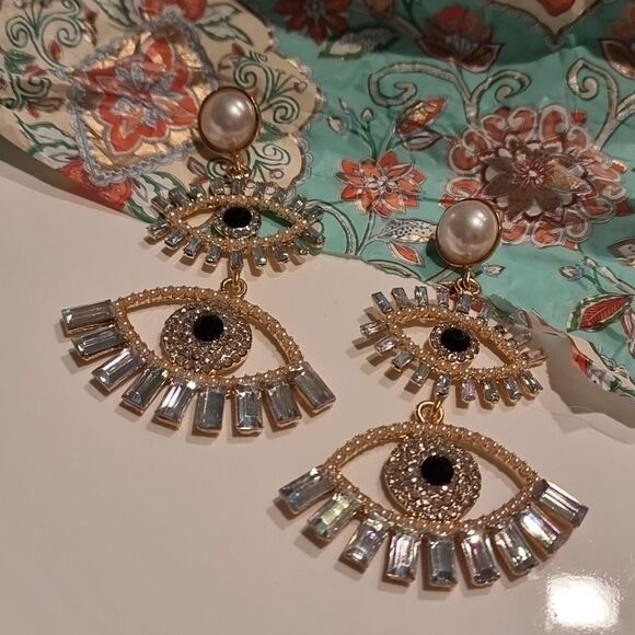 New FOR LOVE AND LEMONS Evil eye irradescent crystal drop earrings - Picture 4 of 10
